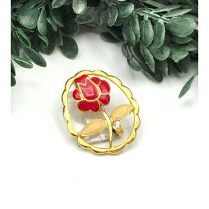 Vintage Gold-Tone Red Flower Enamel Brooch Pin With Rhinestone Accent